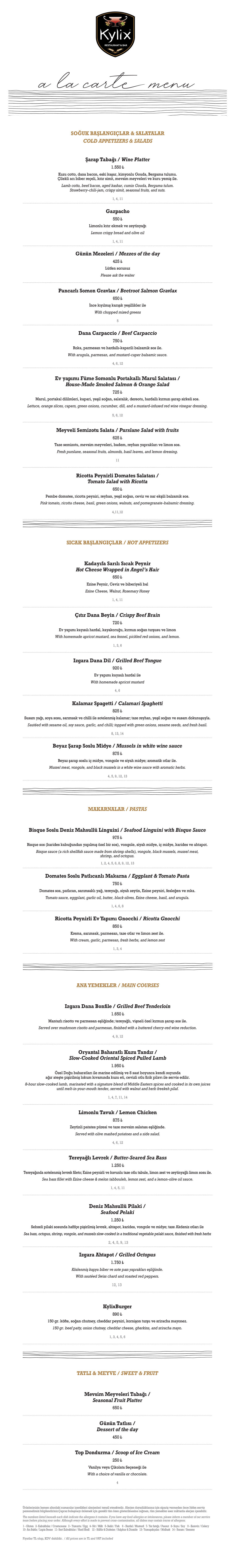 Kylix Dinner Menu