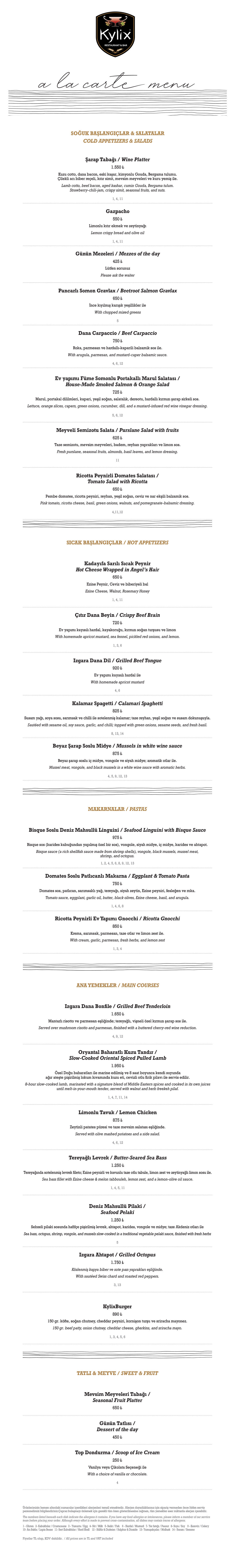 Kylix Dinner Menu
